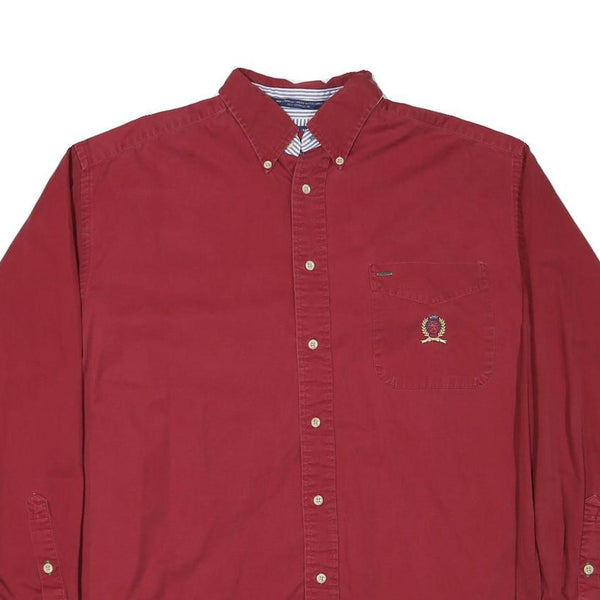 TOMMY HILFIGER Mens Red Button Down Shirt M Embroidered Logo Classic Fit