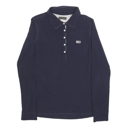 NAPAPIJRI Womens Blue Long Sleeve Plain Polo Shirt M Cotton Blend Flag Logo