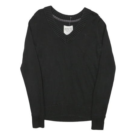 ESPRIT Womens Black Plain Cotton Blend Jumper V-Neck Basic Knit S Casual