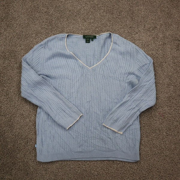 Lauren Ralph Lauren Womens Pullover Sweater 100% Cotton V Neck Sky Blue Size S