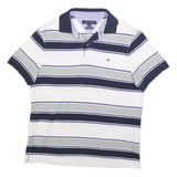 TOMMY HILFIGER Mens White & Grey Striped Short Sleeve Polo Shirt S Cotton Blend
