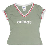 ADIDAS Womens Green & White Retro Graphic T-Shirt UK 10 Short Sleeve V-Neck