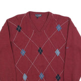 PALMER Mens Red Patterned Jumper V-Neck Basic Knit Wool XL Classic Pullover