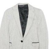 Womens White & Grey Herringbone Plain Button Jacket XS Synthetic Formal Workwear