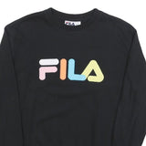 FILA Womens Black Cotton Blend Sweatshirt M Crew Neck Colourful Logo Casual