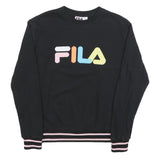 FILA Womens Black Cotton Blend Sweatshirt M Crew Neck Colourful Logo Casual