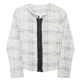 Womens White & Grey Check Cotton Blend Jacket S Woven Zip Closure Stylish