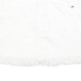 TOMMY HILFIGER Womens White Cotton Blend Mini Skirt Fringed Hem M Casual Denim