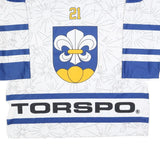 JERSEY 53 Mens White & Blue Graphic T-Shirt 2XL Long Sleeve 1/4 Zip Polyester