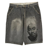 Tupac Markaveli Graphic Denim Shorts - 44W 13L Grey Cotton
