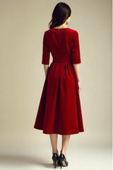 Red-full-sleeves-midi-Aaline-dress-back-velvet-scaled