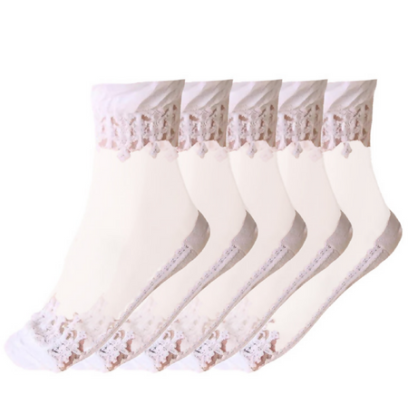 Anyfootwear 5 Pairs Women's Transparent Lace Socks Size 5-9 Breathable Silk Crystal Glass Stretch Embroidery Summer Fashion Socks White
