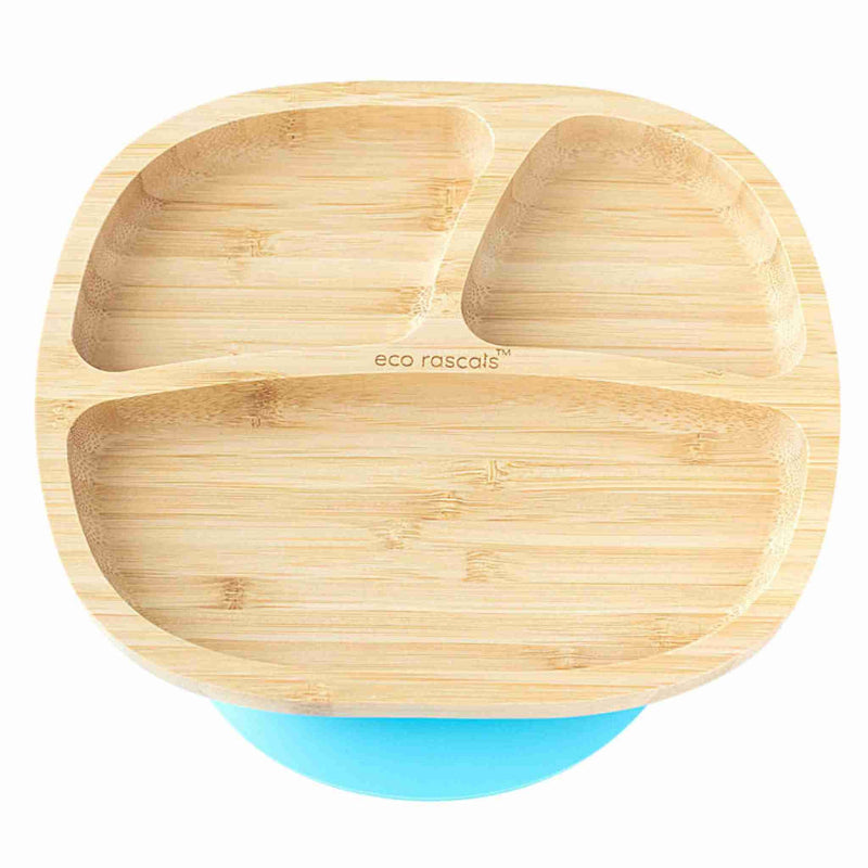 Product photo of a Bamboo plate with three sections and a blue suction ring  base.