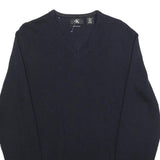 CALVIN KLEIN Mens Navy Plain V-Neck Basic Knit Jumper M Wool Classic Soft