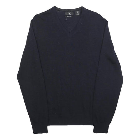 CALVIN KLEIN Mens Navy Plain V-Neck Basic Knit Jumper M Wool Classic Soft