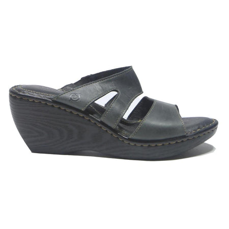 BORN Womens Black Leather Wedge Sandals UK 9 Comfortable Slip-On Open Toe