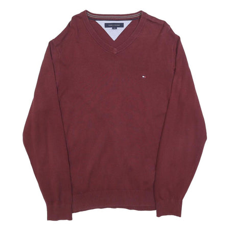 TOMMY HILFIGER Mens Maroon Plain V-Neck Basic Knit Jumper L Cotton Blend Classic