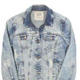 ZARA Womens Blue Denim Jacket S Cotton Blend Button Distressed Casual