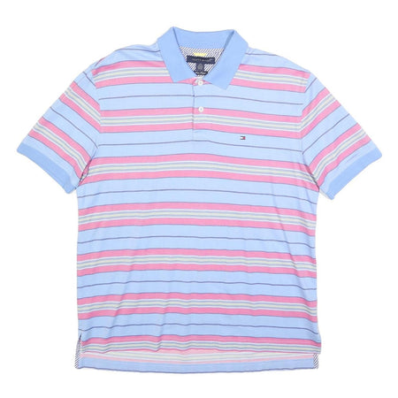 TOMMY HILFIGER Mens Blue & Pink Striped Short Sleeve Polo Shirt L Cotton Blend