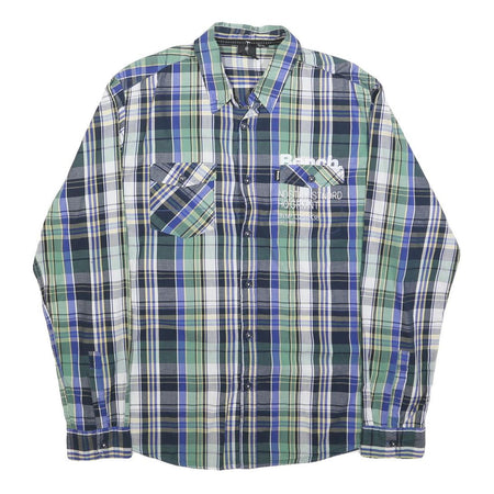 BENCH Mens Blue Green Check Shirt M Cotton Blend Casual Long Sleeve