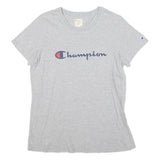 CHAMPION Womens Grey Blue Logo Modern T-Shirt L Short Sleeve Crew Neck Casual