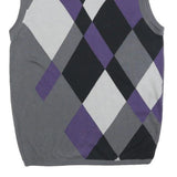 BTUGAN Mens Grey Purple Black Argyle Cotton Sleeveless V-Neck Jumper M Stylish