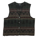 WOOLRICH Womens Green Brown Patterned Jumper V-Neck Chunky Knit XL Warm Wool