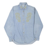 Mens Blue Light Denim Embroidered Cotton Blend Shirt M Casual Long Sleeve