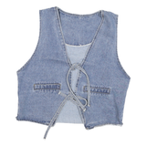 Womens Blue Denim Drawstring Cotton Blend Jacket Vest S Casual Lightweight