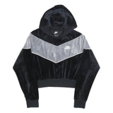 NIKE Womens Black & Grey Velvet Cropped Hoodie M Stylish Casual Sweatshirt