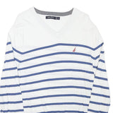 NAUTICA Mens White & Blue Striped Classic V-Neck Cotton Blend Jumper M Crew Neck