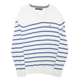 NAUTICA Mens White & Blue Striped Classic V-Neck Cotton Blend Jumper M Crew Neck