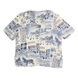 SEASUNS Womens Blue & Beige Printed Top Short Sleeve V-Neck L Cotton Blend