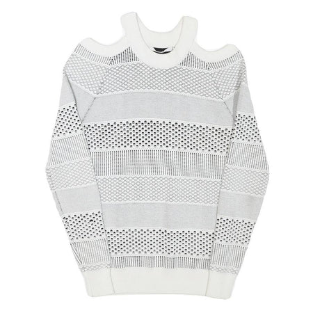 GUESS Womens White Patterned Jumper Cold Shoulder Round Neck Chunky Knit XS