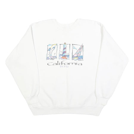 HANES Womens White California Crew Neck L Cotton Casual Graphic Sweatshirt