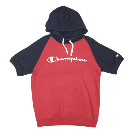 CHAMPION Mens Red & Navy Short Sleeve Hoodie M Cotton Blend Casual Pullover