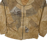 WINLIT Mens Beige & Brown Leather Bomber Jacket L Patchwork Zip
