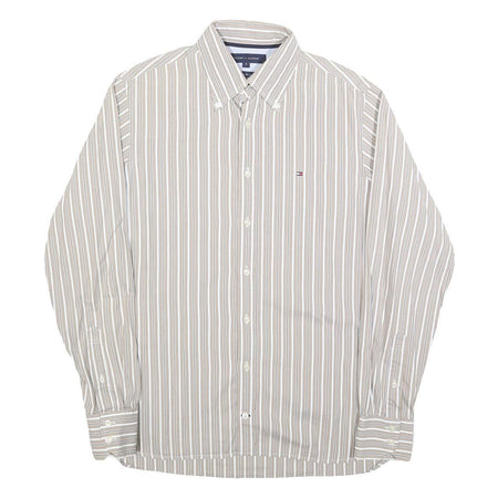 TOMMY HILFIGER Mens Beige & White Stripe Button-Down Shirt S Classic Cotton