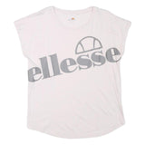 ELLESSE Womens White Grey Logo Graphic T-Shirt UK 12 Short Sleeve Crew Neck