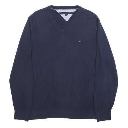 TOMMY HILFIGER Mens Navy Plain Cotton V-Neck Basic Knit Jumper L Classic Casual