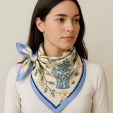 Anyyou Fashion Premium Satin Square Scarf – Vase Blue Floral Silk-Feel Neckwrap for Women