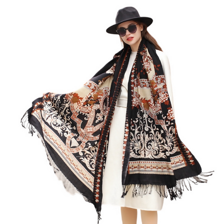 Anyyou 100% Merino Wool Black Brown Elegant Twirl Pattern Silk Satin Large Winter Scarf Pashmina Shawl Bandana Perfect For Women Ladies Fashion Style