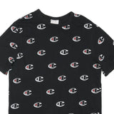 CHAMPION Mens Black All Over Logo Graphic T-Shirt L Short Sleeve Crew Neck