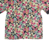 AQUA Womens Black Floral Print Button Short Sleeve Crew Neck Top M Stylish