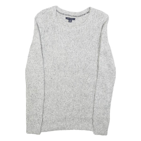 TOMMY HILFIGER Womens Grey Cable Knit Cotton Blend Jumper Crew Neck XS Soft Warm