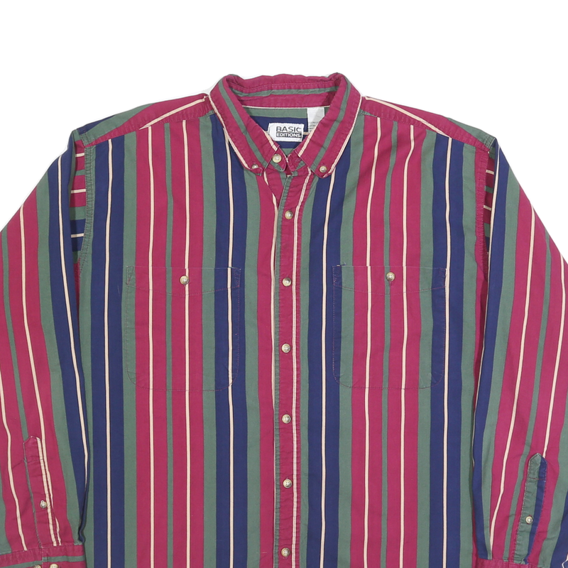 BASIC EDITIONS Mens Red & Green & Blue Striped Shirt XL Button-Down Cotton