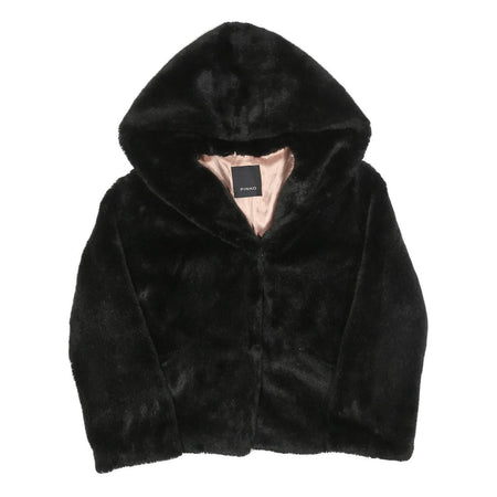 PINKO Womens Black Faux Fur Hoodie Jacket M Polyester Button Closure Soft Touch