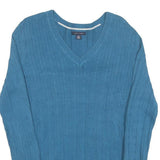 TOMMY HILFIGER Womens Blue Patterned Jumper V-Neck Cable Knit L Cotton Blend