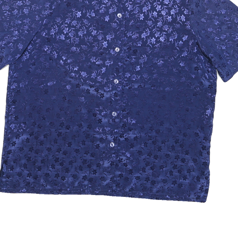 Womens Blue Silk Printed Top Short Sleeve V-Neck UK 14 Button Front Elegant