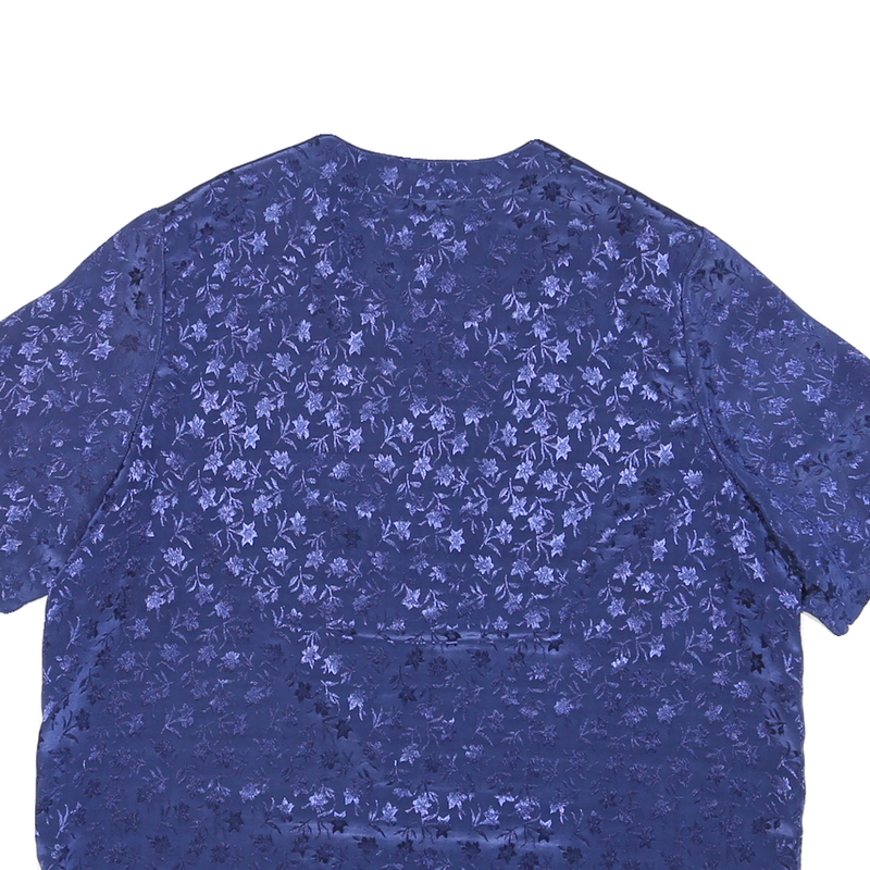 Womens Blue Silk Printed Top Short Sleeve V-Neck UK 14 Button Front Elegant